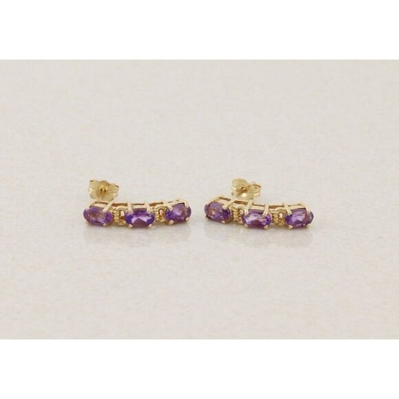 10k Yellow Gold Natural Amethyst Earrings Half Hoop - Picture 3 of 8
